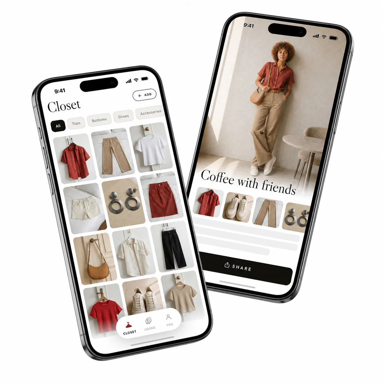 A person styling an outfit at their open closet