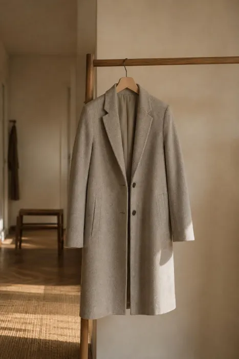 A camel wool coat on a hanger