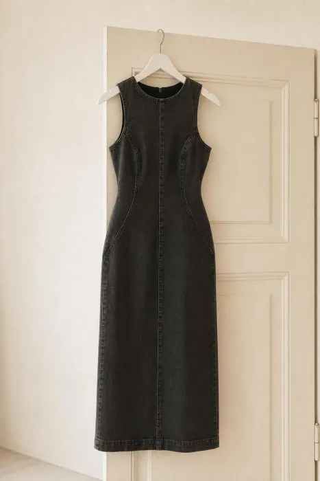A charcoal denim midi dress