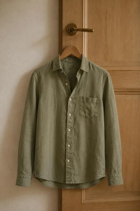 An olive linen shirt on a hanger