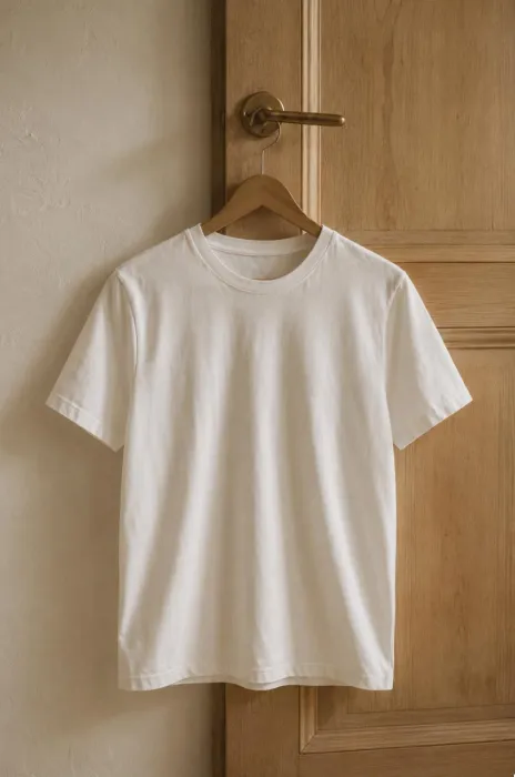 A white cotton t-shirt on a hanger