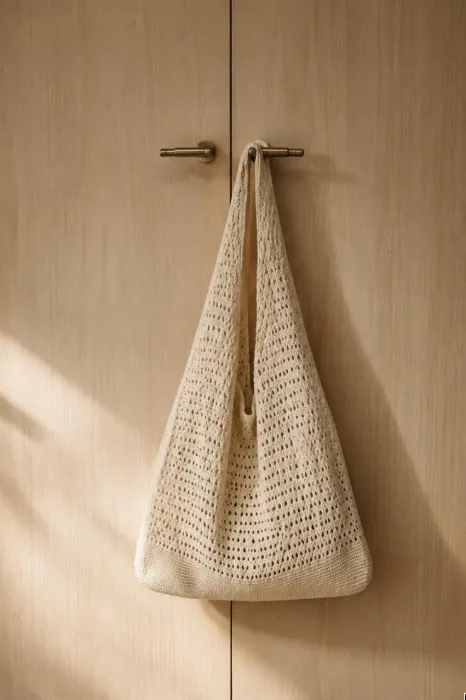 A crocheted net tote bag