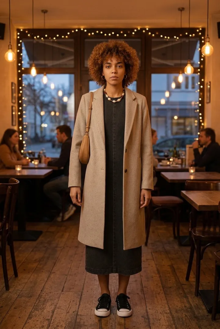An evening outfit styled on you — a camel wool coat over a charcoal denim midi dress