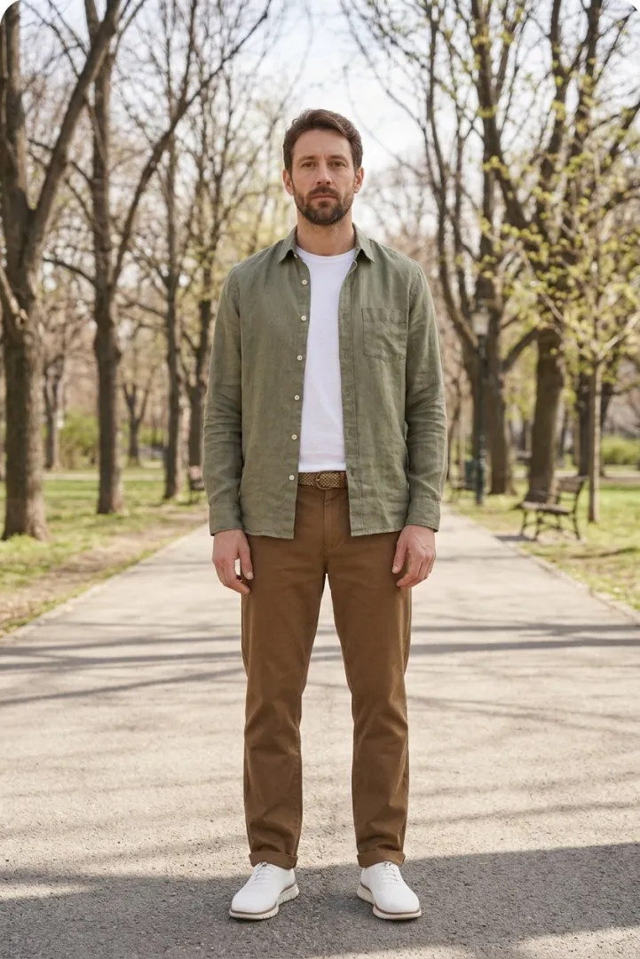 A weekend outfit styled on you — olive linen shirt over a white tee with brown chinos