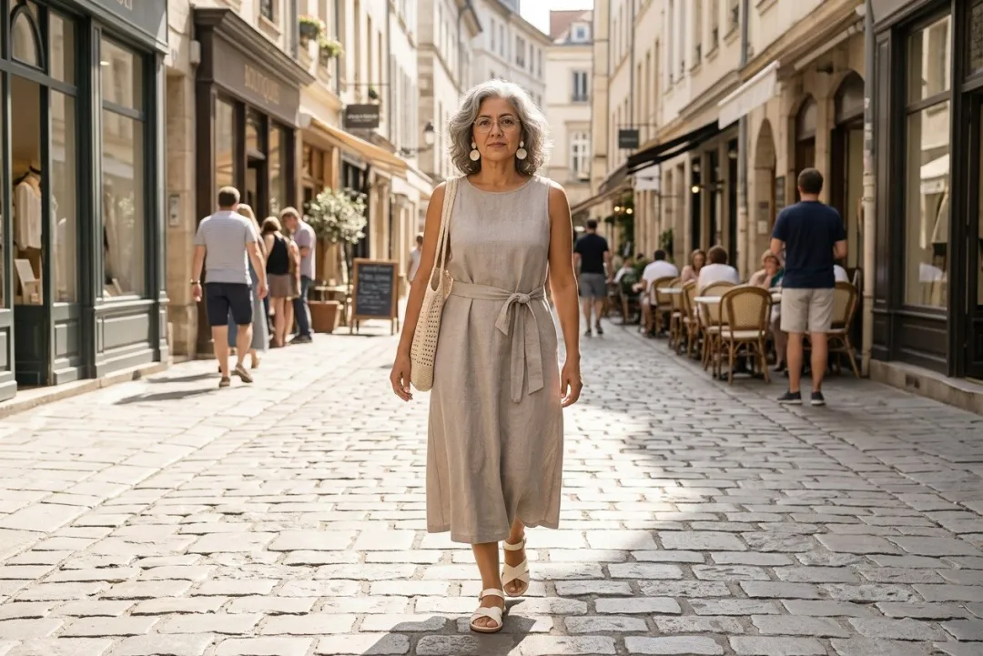 A daytime outfit styled on you — a belted linen midi dress with flat sandals